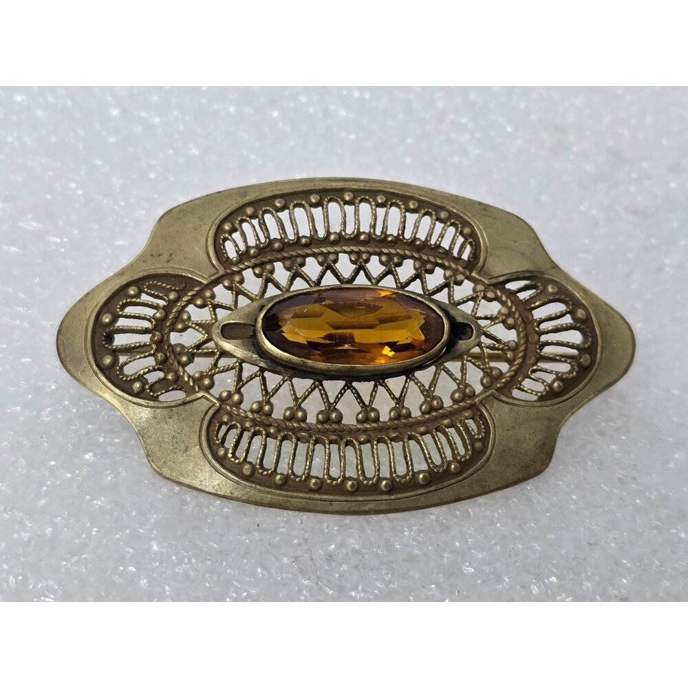 Vintage Brass Filigree Brooch Amber Glass Crystal Oval Victorian Style Pin